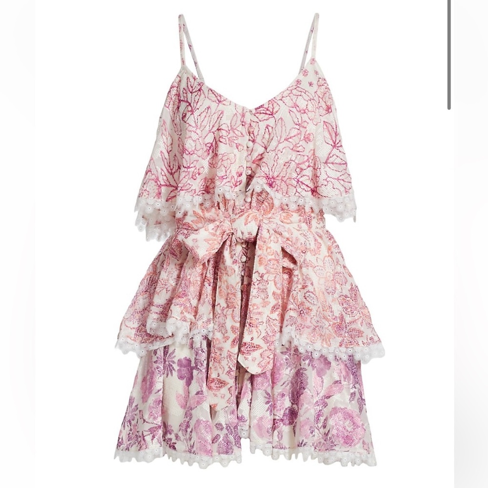 Hemant & Nandita - Suki tiered embroidered Mini dress - OFF WHITE/CRIMSON S